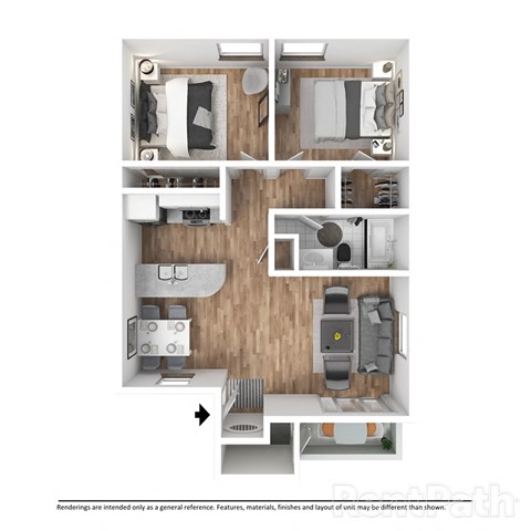 Floor plan for 2 beds, 1 bath, 795 sqft